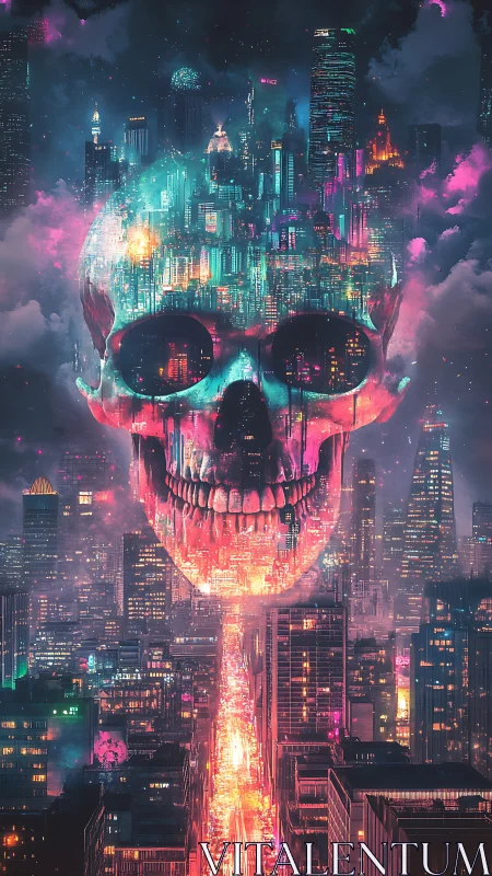 Neon skull skyline merges with dense futuristic city