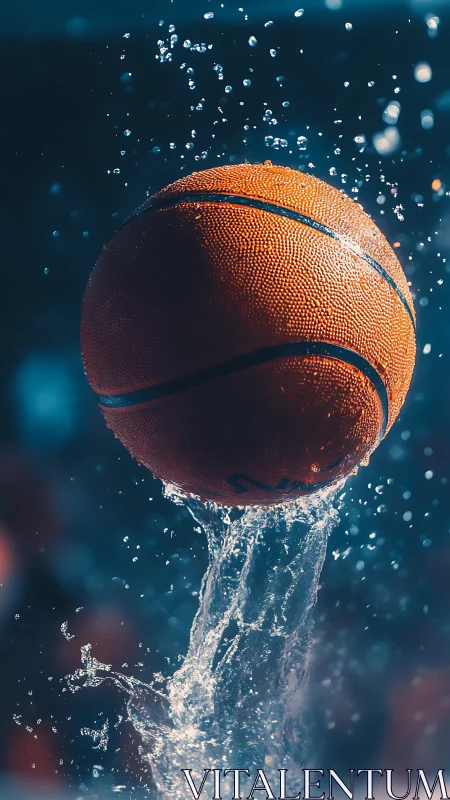 Soaked basketball rises through cascading water in motion