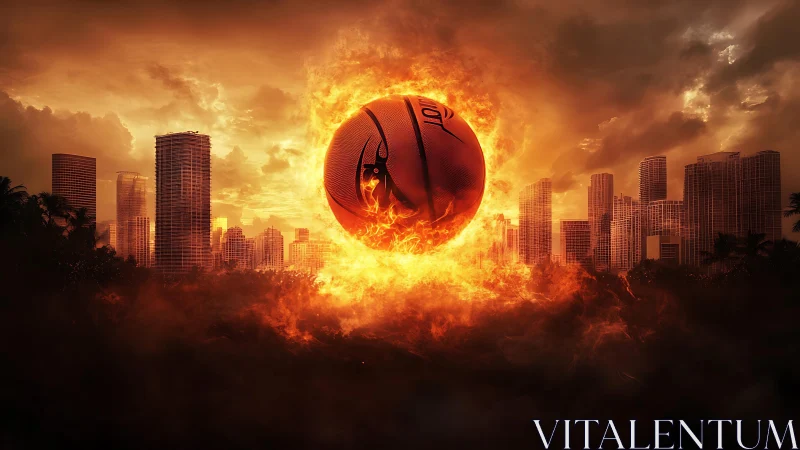 Blazing basketball ignites a dramatic city skyline at dusk.
