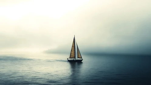 Gentle sailboat gliding through quiet misty morning waters.