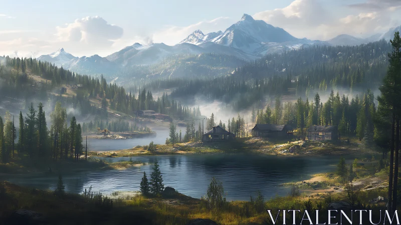 Sunlit cabins rest beside a misty alpine lake and peaks