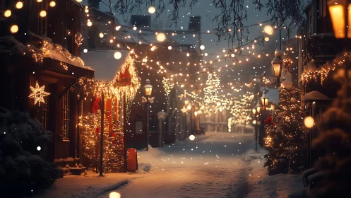 Snowy old town street under warm Christmas lights at dusk.