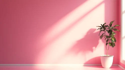 Minimalist indoor plant against sunlit pastel pink wall.