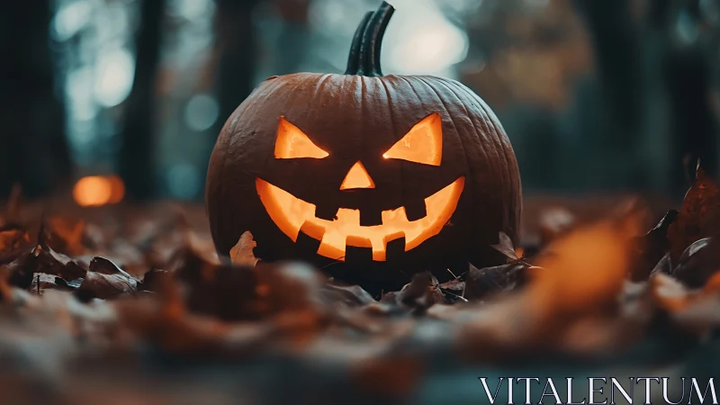 Jack-o-lantern grins wickedly through the twilight forest hush