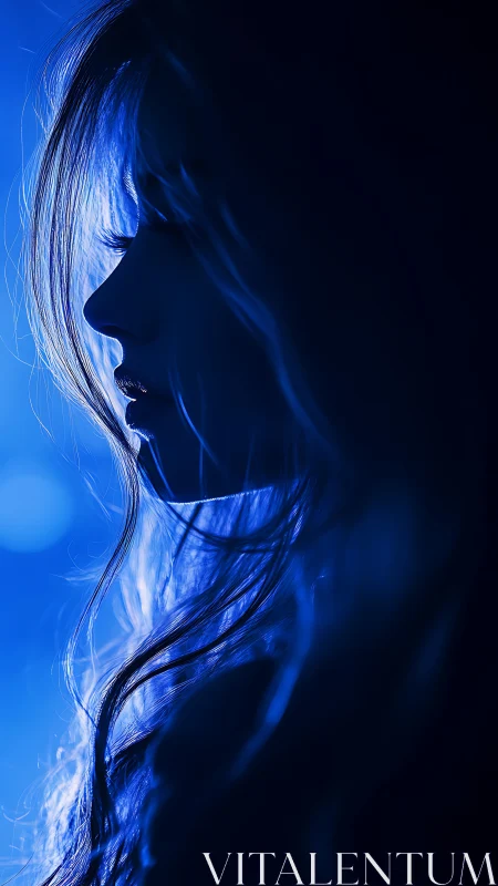 Side profile silhouette in deep blue studio lighting.