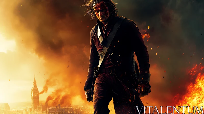 Battle-worn rebel walks through burning London in chaos.