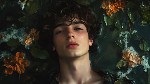 Young man lies in dark water surrounded by fading flowers