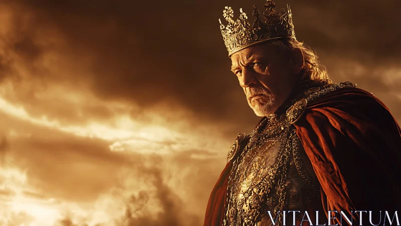 Stern older king in ornate crown under stormy sky.