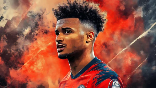Digital painting portrait of footballer with fiery abstract backdrop.