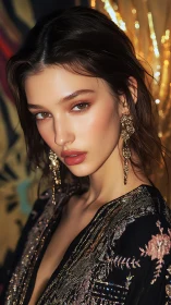 Gilded gaze in sequined midnight, poised under city lights.