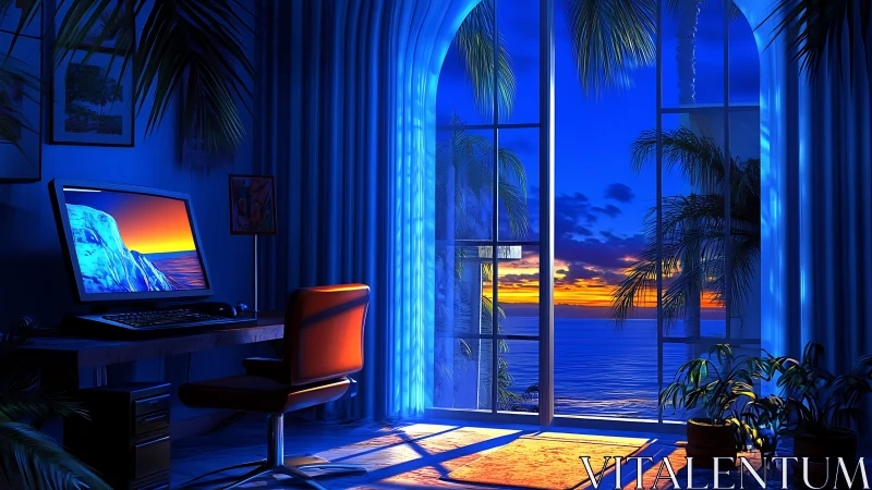 Blue-lit coastal workstation facing high-saturation sunset horizon.