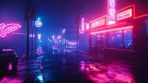 Neon-drenched rainy street glows through misty nightscape.