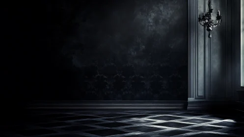 Dim interior room shows paneled wall, chandelier and flooring