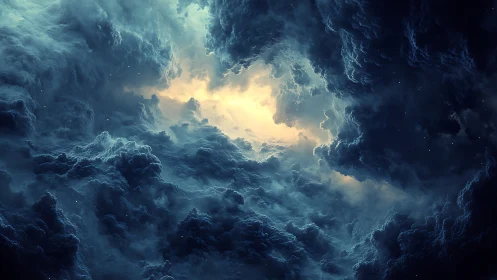 Storm-lit nebula clouds swirl around radiant cosmic core.