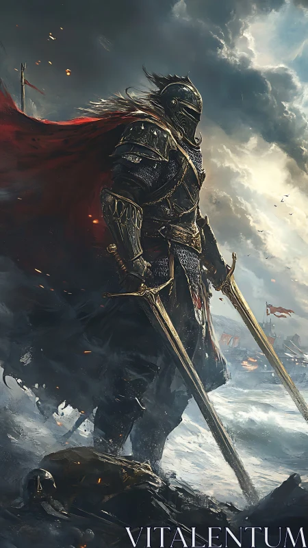Armored knight stands with twin swords over stormy shore