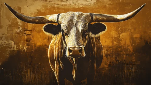 Longhorn bull portrait in golden textured digital brushwork.