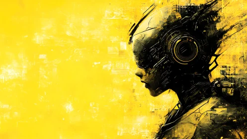 Side-profile cybernetic android rendered against distressed yellow field