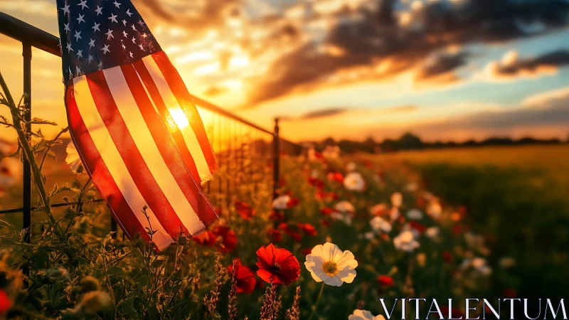 Sunlit American flag drifts gently above a glowing flower field