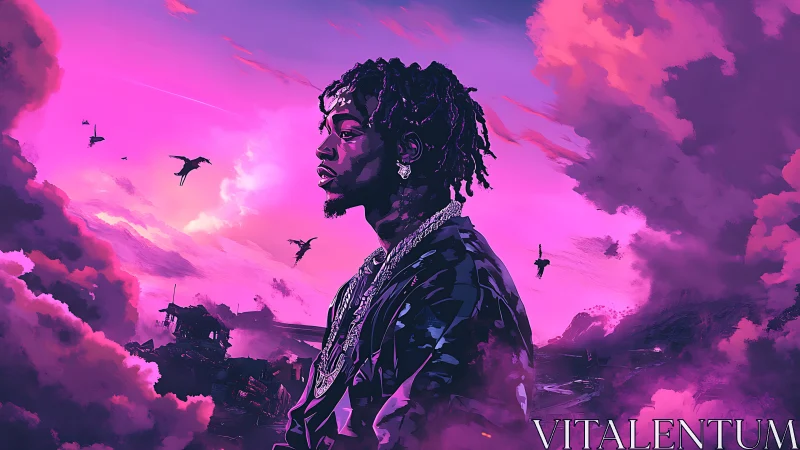 Portrait of man in profile against neon pink cloud sky