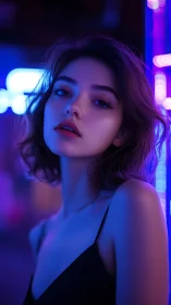 Neon-lit portrait captures serene beauty in moody night glow