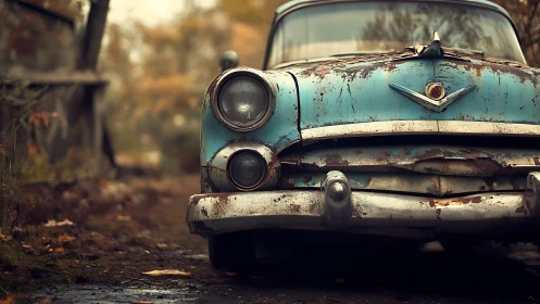 Rust-kissed blue classic car dreaming in autumn quiet.