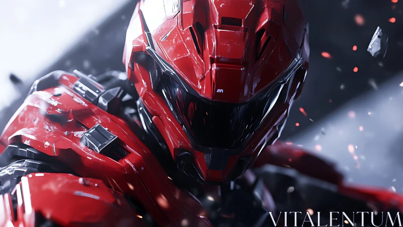 Photorealistic red combat exosuit with dynamic close-up framing.