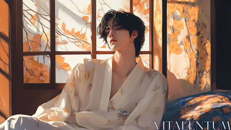 Autumn-lit figure resting by window in soft kimono robe.