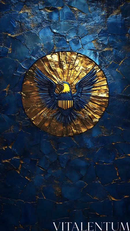 Golden eagle insignia glows over cracked sapphire wall.