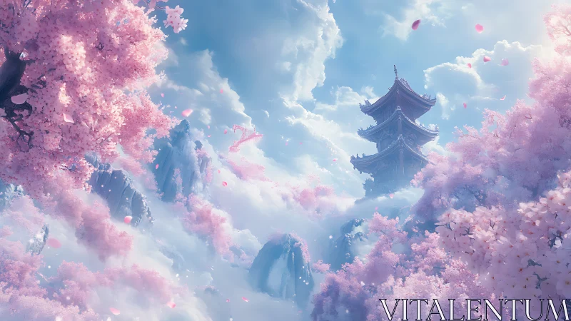Ethereal pagoda amid luminous cherry blossom cloudscape.