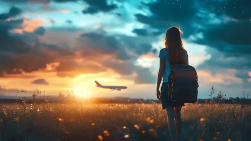 Backpacker watches plane depart over glowing sunset field.