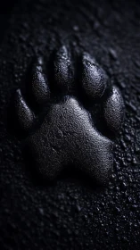 Glossy black animal paw print in textured wet surface.