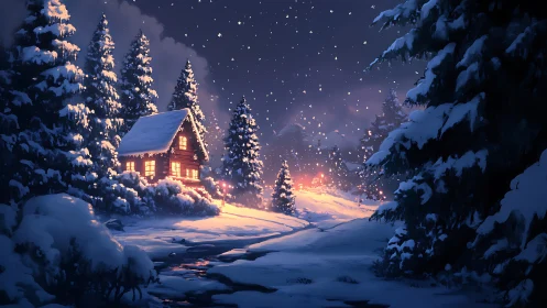 Snowy forest cabin with warm lights on a winter night.