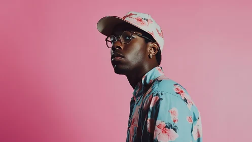 Floral streetwear swagger against soft pink daydreams.