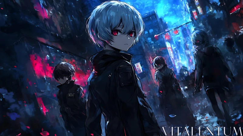 White haired anime boy stands in neon lit alley at night