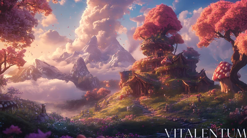 Gentle pink treetop village glows beneath dreamy misty peaks