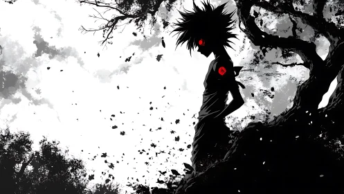 Solitary red-eyed figure beneath windswept monochrome tree.