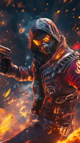 Flame-eyed rogue strides through gunfire and molten sparks.