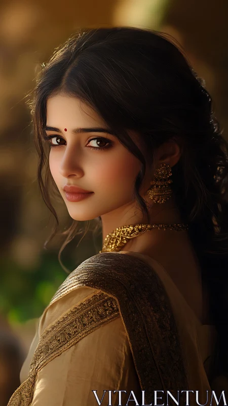 Young woman in traditional attire looks over shoulder calmly