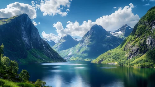 Sunlit fjord mountains rise over calm emerald waters
