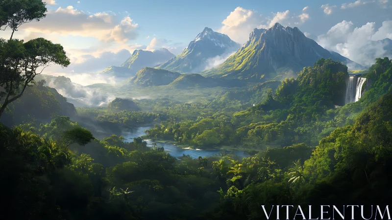Sunlit jungle valley opens toward misty mountain peaks