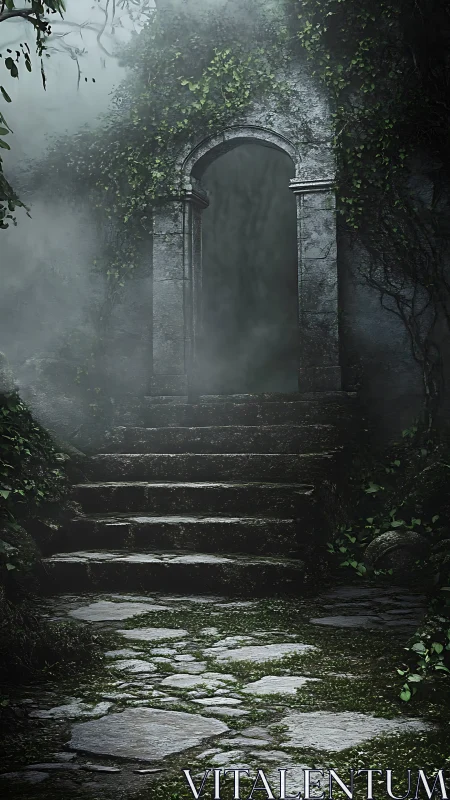 Ancient stone archway rises from misty, overgrown ruins