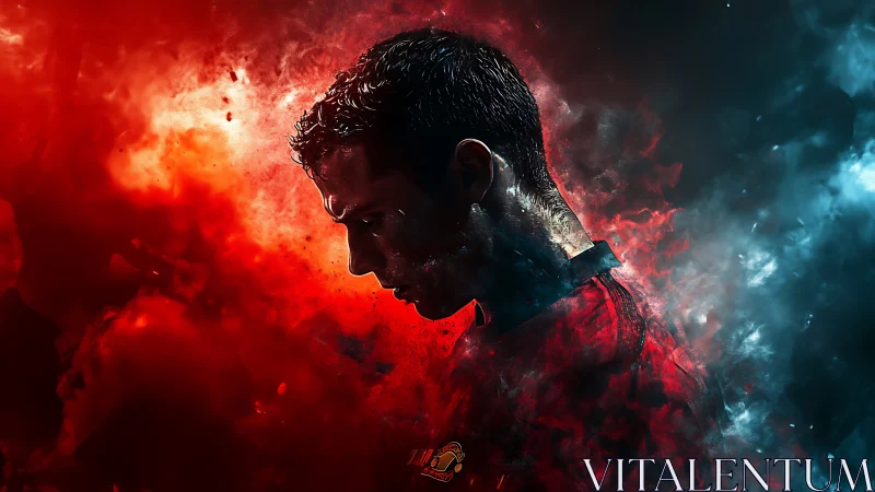 Focused male athlete in red amid red and blue smoke.