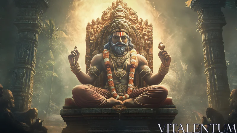 Seated Hindu deity statue in ornate stone temple setting.