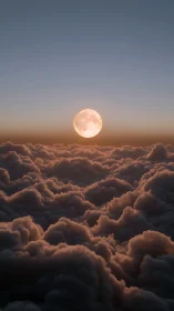 Full moon above dense glowing clouds at twilight sky.