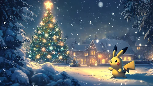 Pikachu’s starlit Christmas courtyard under glowing snowfall.