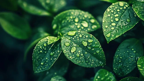 Close-up view of wet green leaves with visible water drops.