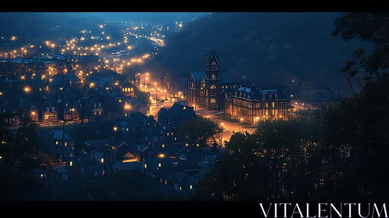 Gothic campus lighthouse aglow in misty blue valley night.