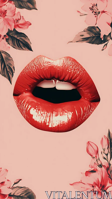 Glossy red lips with floral accents on blush backdrop.