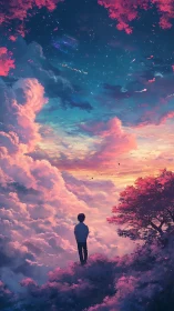 Solitary figure gazes into nebula sky above pastel clouds.