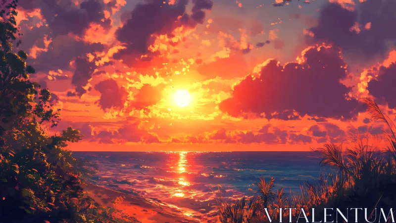 High-saturation digital seascape renders sunlit clouds and surf